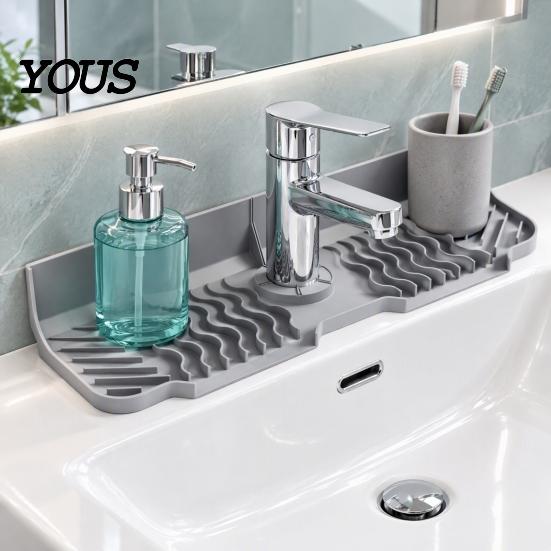 Silicone Countertop Protector Faucet Mat for Kitchen Sink, Foldable Sink Splash Guard with 7 Degree Counter Organizer Slope And Snap Lock, Water