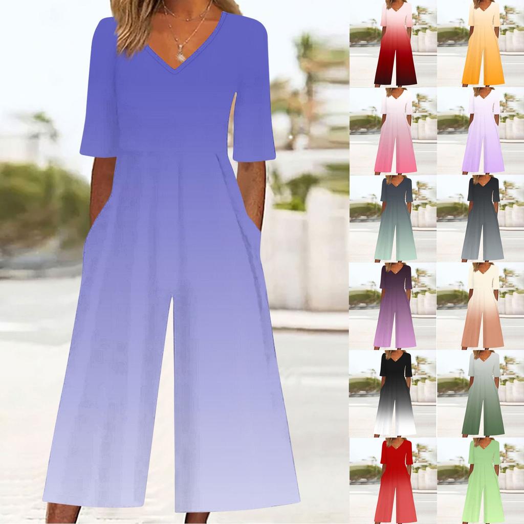Women's Loose Casual V-Neck Gradient Printed Jumpsuit Slim Fit Wide Leg Jumpsuit