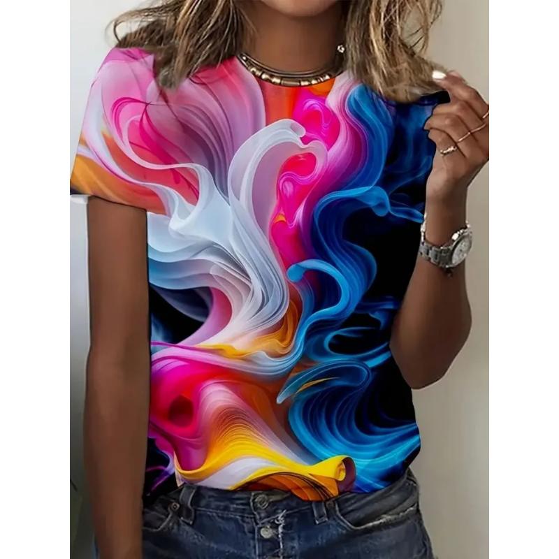 Цветная Модная Женская 3D Цветная Футболка с Коротким Рукавом с Круглым Вырезом Круглый Вырез Короткий Рукав XS
