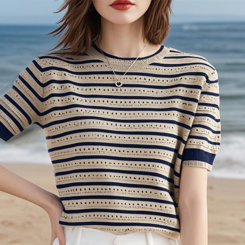 Kurzärmiges T-Shirt für Damen im Sommer mit Color-Blocking-Streifen, ausgehalsenem Rundhalsausschnitt, lockerem und vielseitigem Strickshirt für Damen