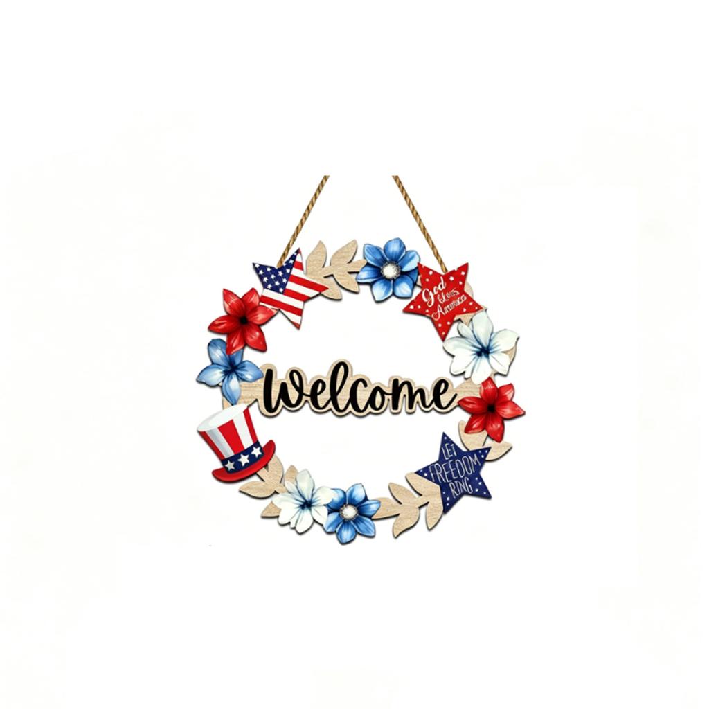 Wooden Patriotic Wreath Door Hanger Independence Day Decoration Wall Sign Plaque Home Hanging Ornament