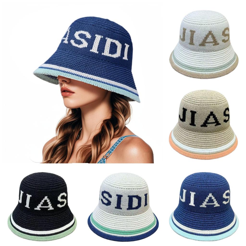Spring Summer Panama Hat Women Hollow Knitted Hat Bucket Hat Outdoor Sun Visor Beach Hat Letter Jacquard Breathable Travel Cap