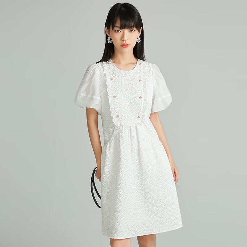 

Women s Puff Sleeve Ruffle Trim A-Line Dress M