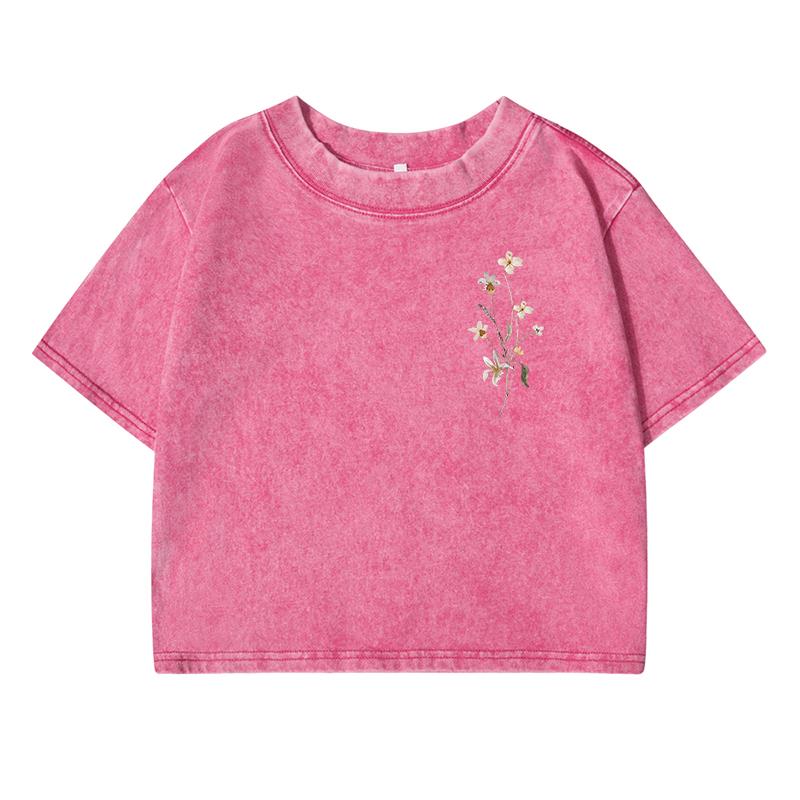 Beautiful Flower Printing Female Washed Short T-Shirt Summer Cool T Shirts Distress Clothes Breathable Retro T-Shirt
