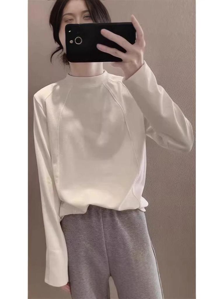 Women's Fleece Brushed Long-Sleeve Base Layer Shirt, Autumn/Winter Korean Style, Loose Half-High Collar Top