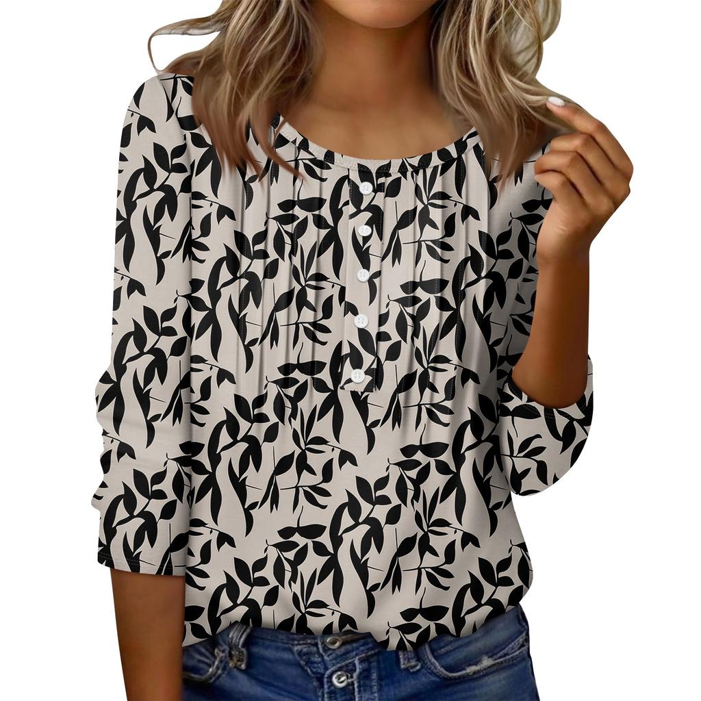 Women's Round Neck Pull Stripe Decorative Button Top Casual Color 3/4 Sleeve T Shirt
