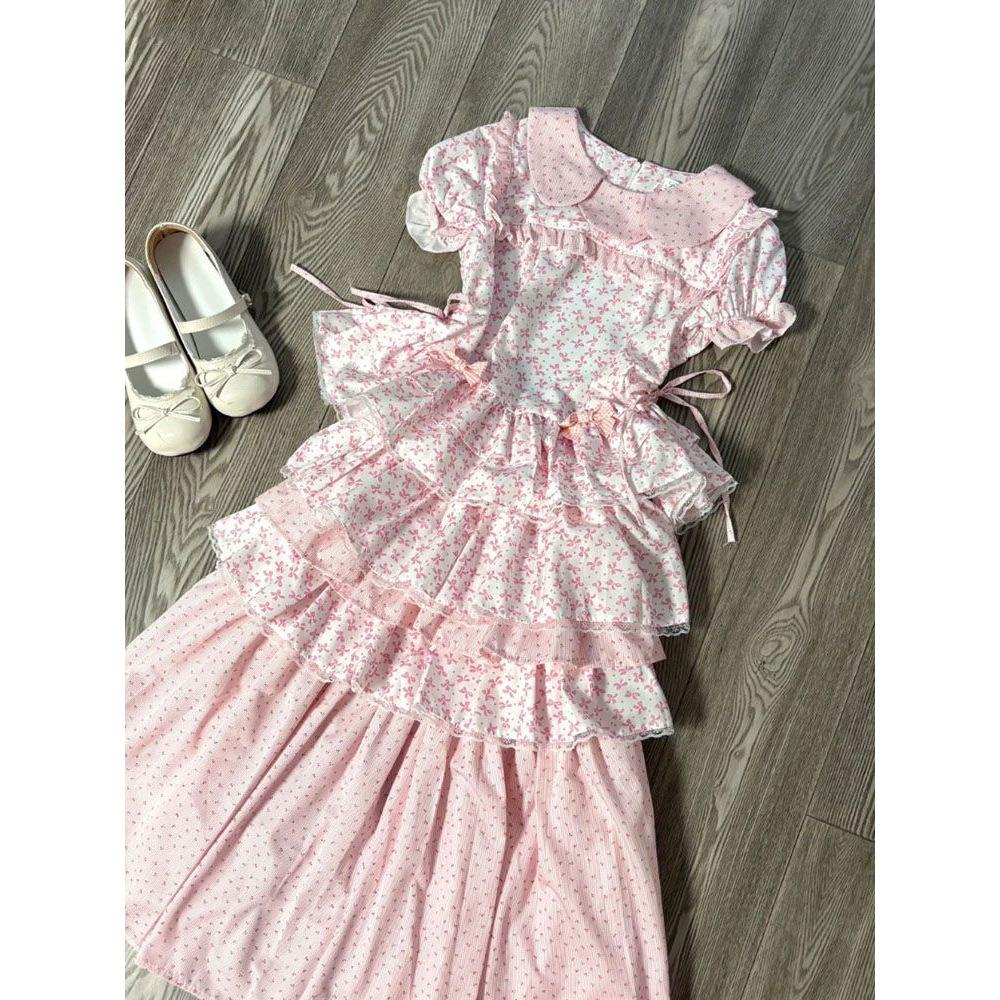 Retro Japanisches Süßes Rosa Puppenkragen Kurzarm Oberteil & Kuchenrock Set für Damen - Sommerkollektion