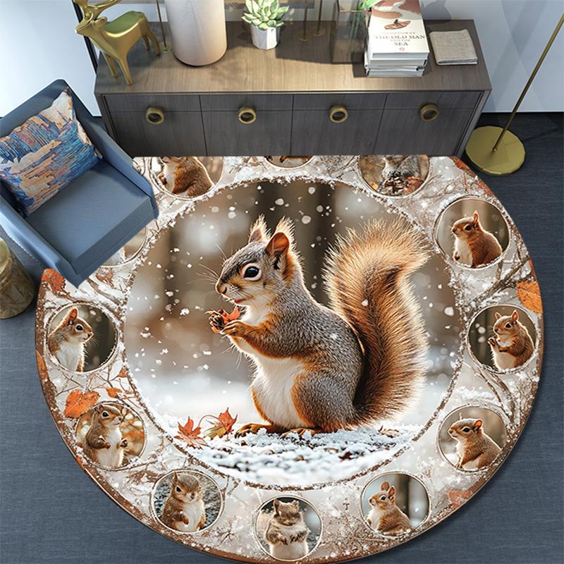 Squirrel Round Area Rug,Carpet Rug for Living Room Bedroom Sofa Playroom Decor,Non-slip Floor Mat