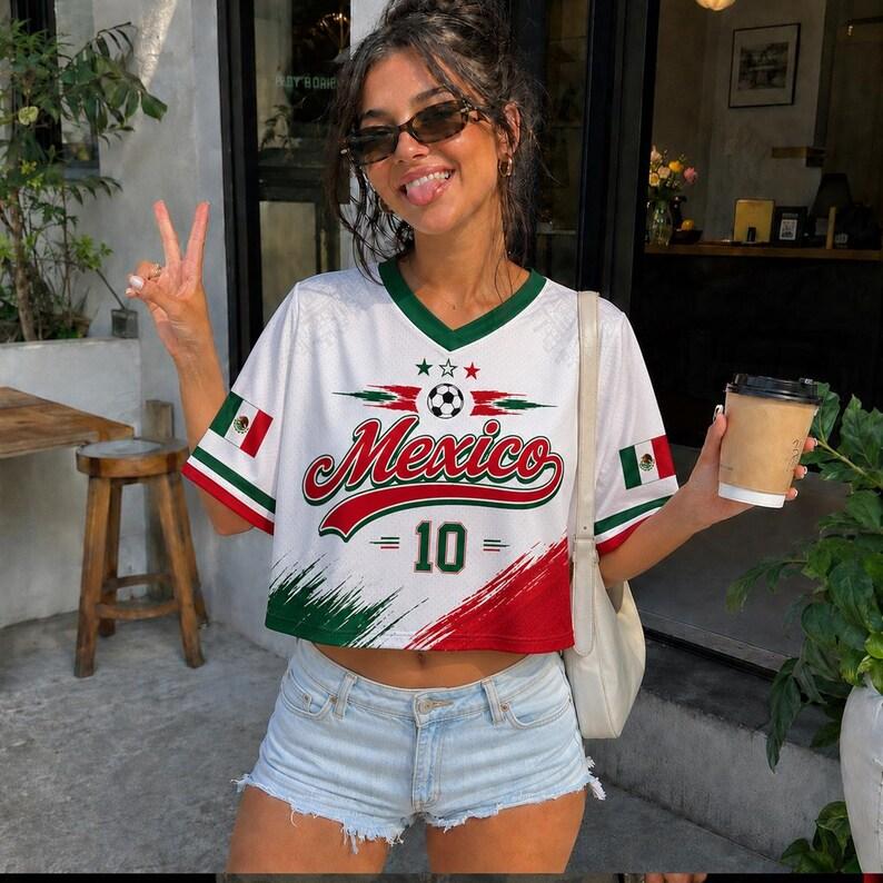 2026 Women Cheerleaders Crop Sexy Y2k Top Mexico FLAG Soccer V-Neck Short Sleeve Jersey T-Shirt Tees Hip Hop Kids Adult T-Shirt