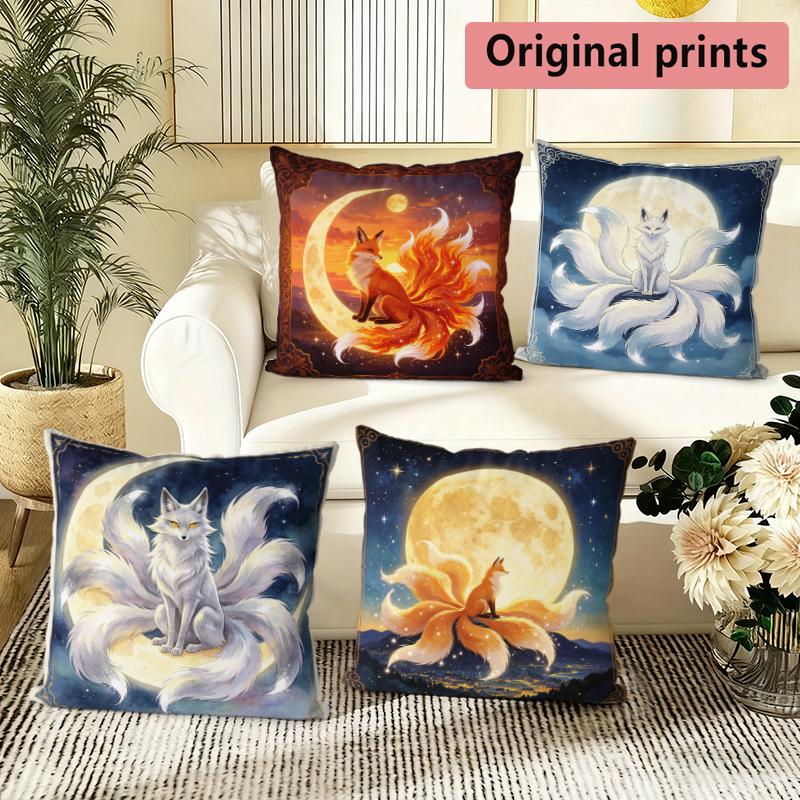 Mystical NineTailed Fox Moon Print Pillow Covers Pattern Cushion Cover Suitable For Sofa Bedroom Car Pillow Cover
