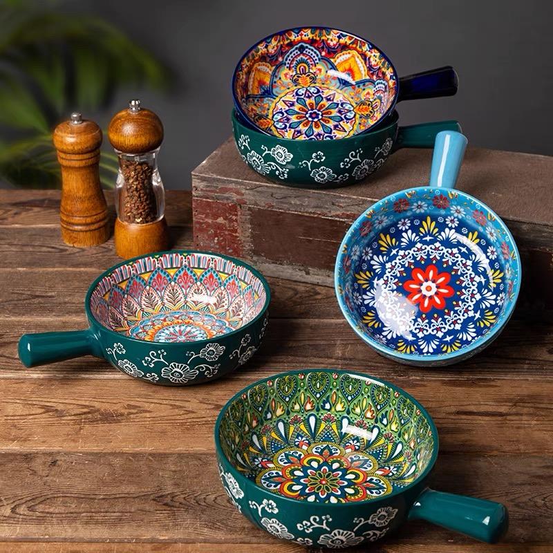 Bohemian Ceramic Handle Bowl, Home Creative Fruit Salad Bowl, Instant Noodle Bowl With Handle, Oven Baking Bowl, Heat-Resistant