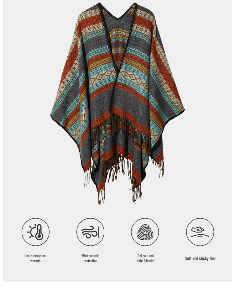 Ethnic Striped Cape: TikTok Trending Versatile Travel Shawl from Tibet & Yunnan - Warm & Stylish
