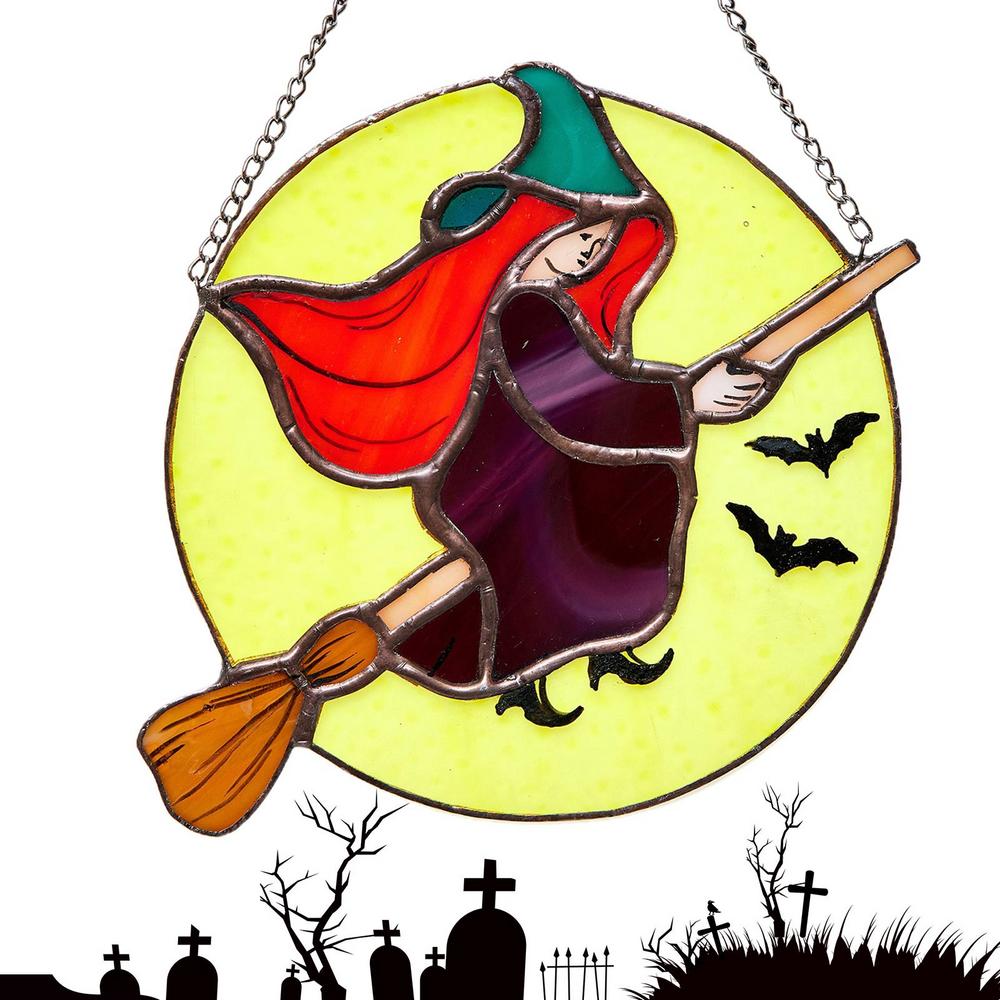 Witch Stained Glass Halloween Witch Decor Riding Moon 2D Witch On Moon Decor Acrylic Home Witch Gothic Decor For Bedroom Kitchen