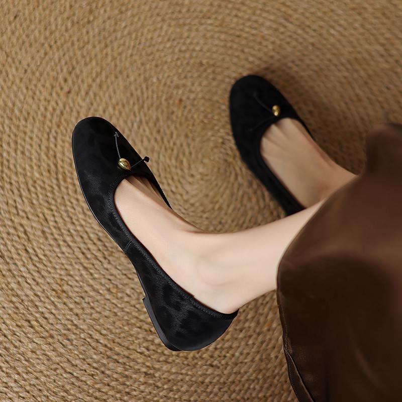 Krazing Pot Cow Skin Summer Spring Autumn Winter Flats Slip on Leopard Women Keep Warm Round Toe Bowtie Shallow Shoes