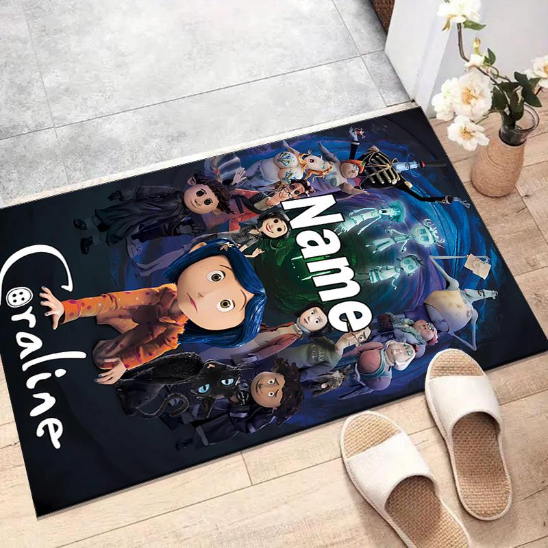 Custom Coraline Mat Personalized Name, Polyester Washable Indoor Entryway Rug, Gift for Christmas, Easter, Thanksgiving Day