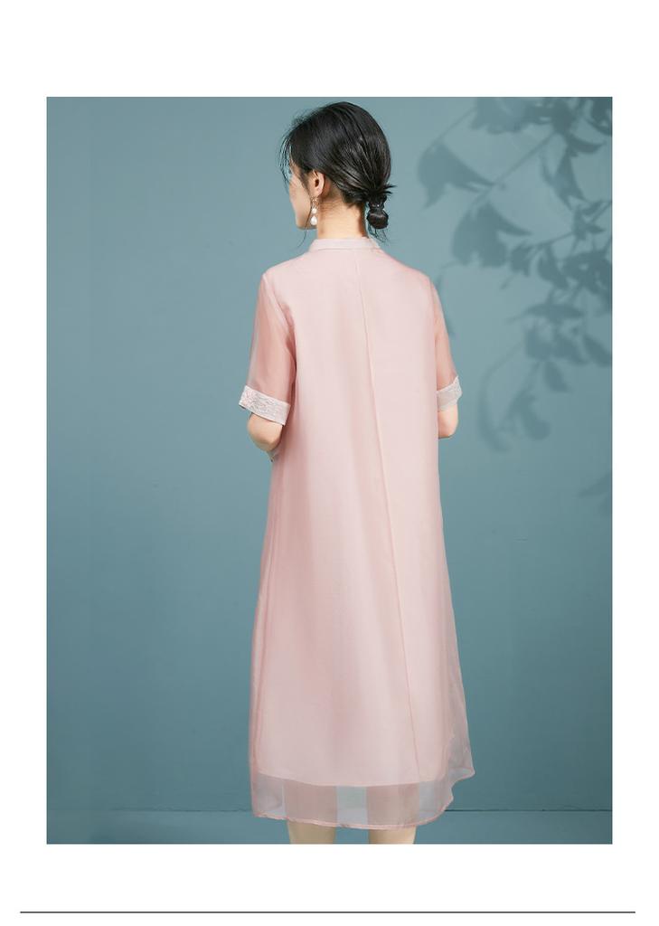 New Chinese Style Silk Dress with Embroidered Organza and Mulberry Silk for Summer
