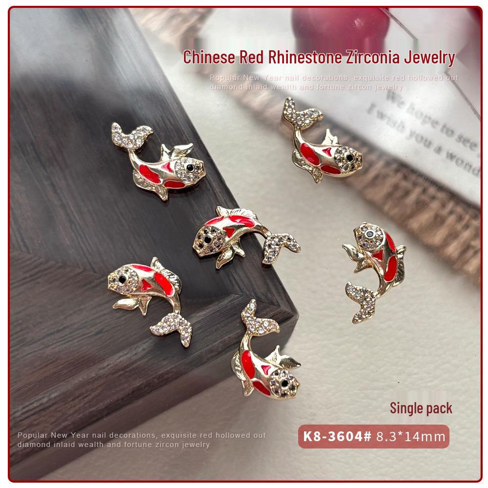 2026 New Year Zircon Nail Art: Festive Red Knot, Fu Character, Goldfish, Coin, and Rhinestone Decorations