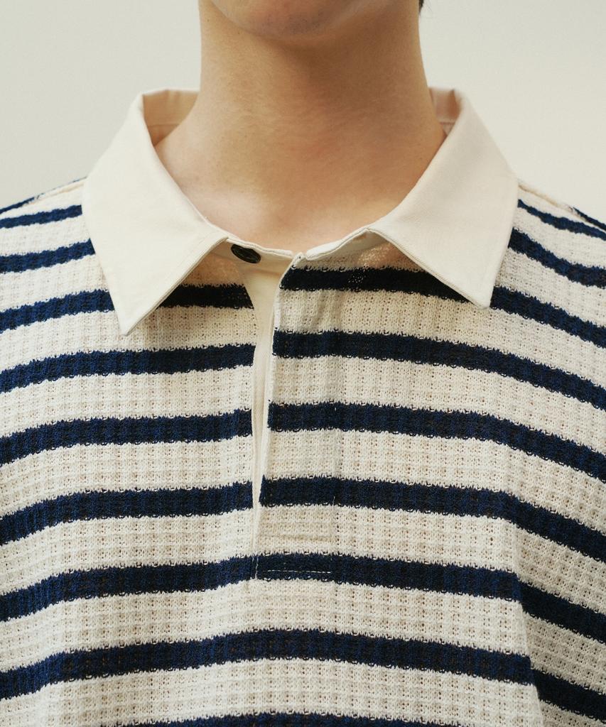MINAV Striped Knit Collared T-Shirt [Navy]