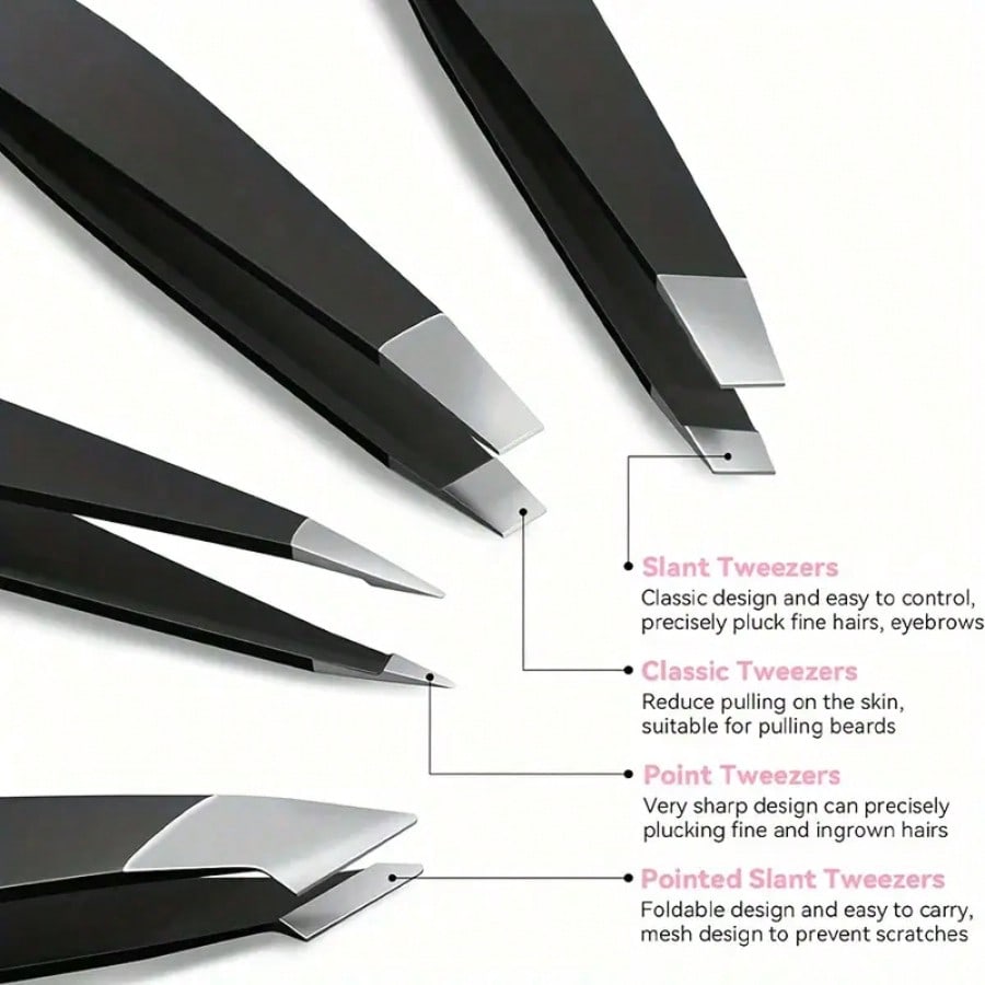 4pcs/Set Eyebrow & Eyelash Tweezer Grooming Kit, Professional Beauty Tools For Eyebrow & Eyelash Shaping, Makeup Accessories,Tweezers