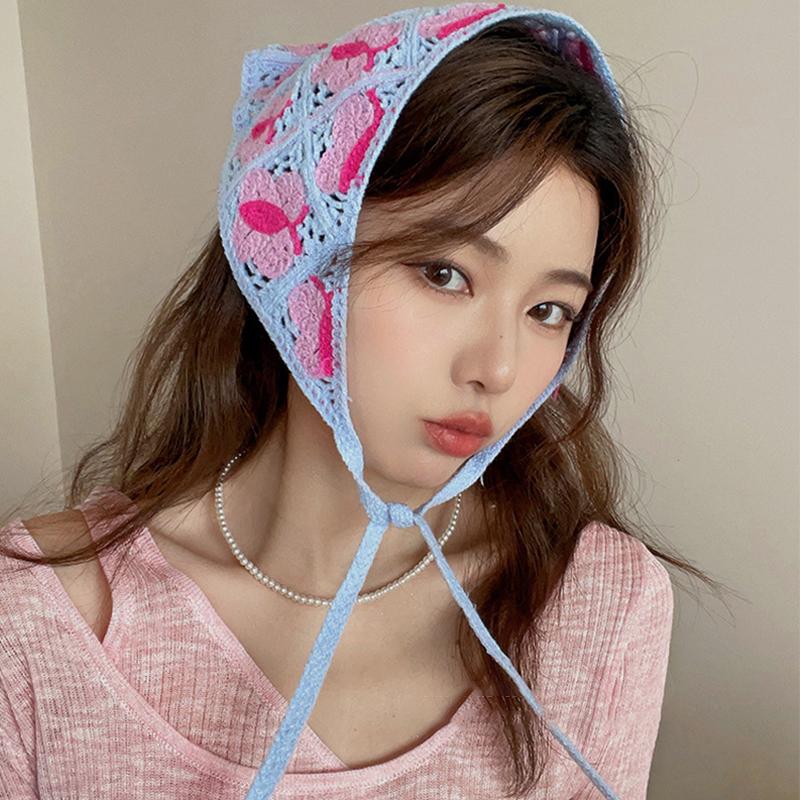 Headscarf Hat Pastoral Style Triangle Headband For Women Girls Handmade Crochet Headband Little Flower Headscarf