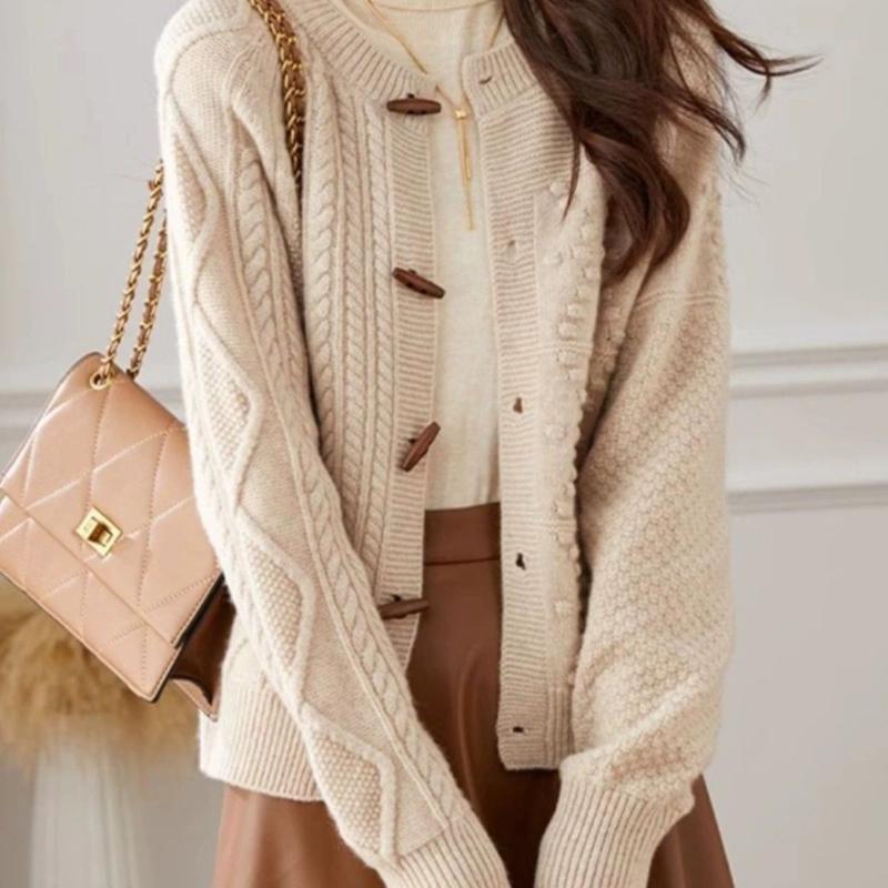 Women's Loose Cable-Knit Sweater Jacket Autumn & Winter Retro Outer Wear Office Crew Neck Horn-Button Knit Cardigan Slimming Top