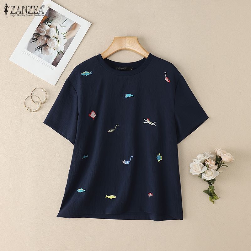 ZANZEA Women Casual Round Neck Summer Print Loose Short Sleeve Blouse