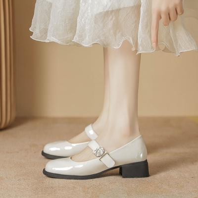 Mary Jane schoenen dames lente nieuw ronde neus ondiepe mond zachte kleine leren schoenen dikke hak met parel enkele schoenen dames