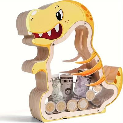 Wood Dinosaur Shape Money Box Piggy Banks Kids Coin Storage Case Children Cash Saving Transparent Home Decor