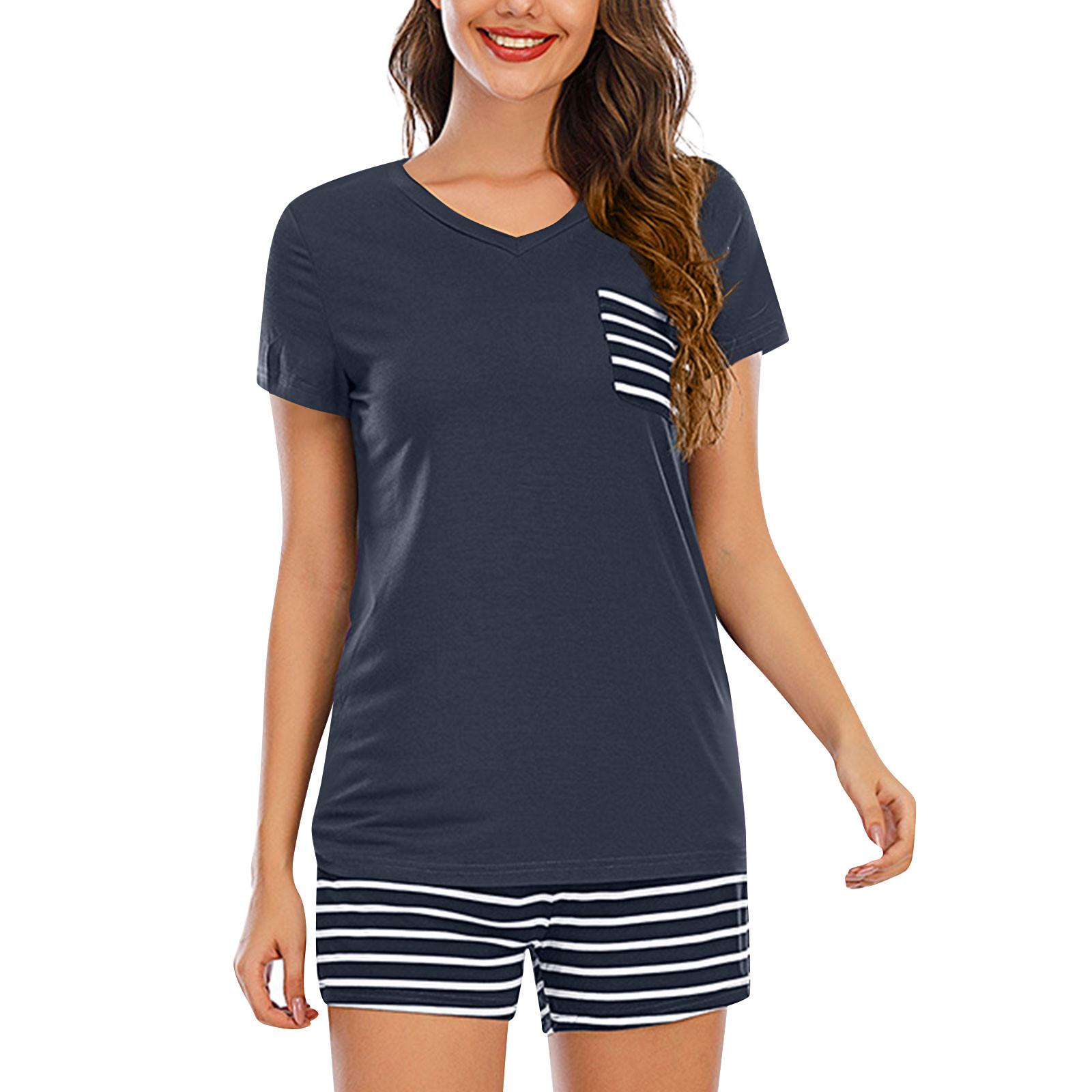 

Women s Pajama Sets Short Sleeve Stripe Sleepwear Lapel Nightwear Soft Sets L Темно-синій