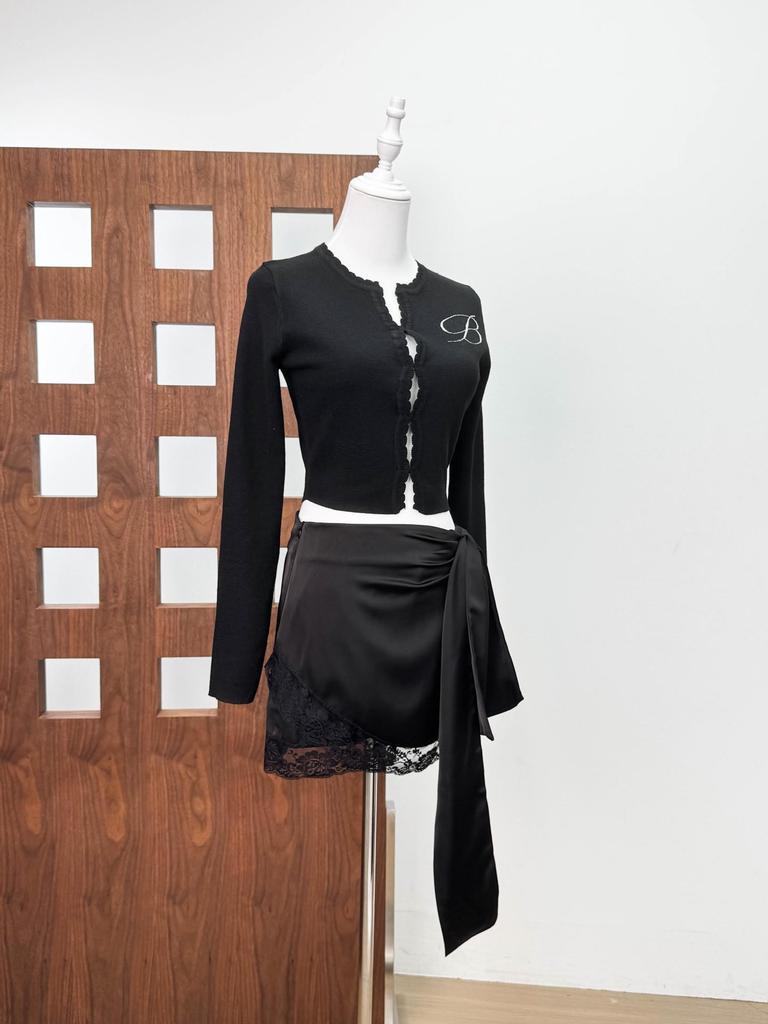 Blumarine French Pure Desire Pink Satin Lace Trim Bow Bodycon Skirt