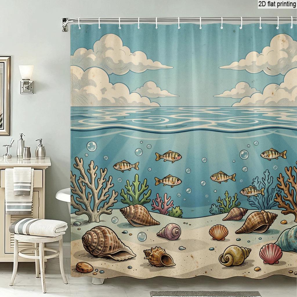 Tropical Ocean Shower Curtain Under the Sea Beach Coral Shell Nautical Bath Decor Waterproof Polyester Coastal Wall Art Home Acc