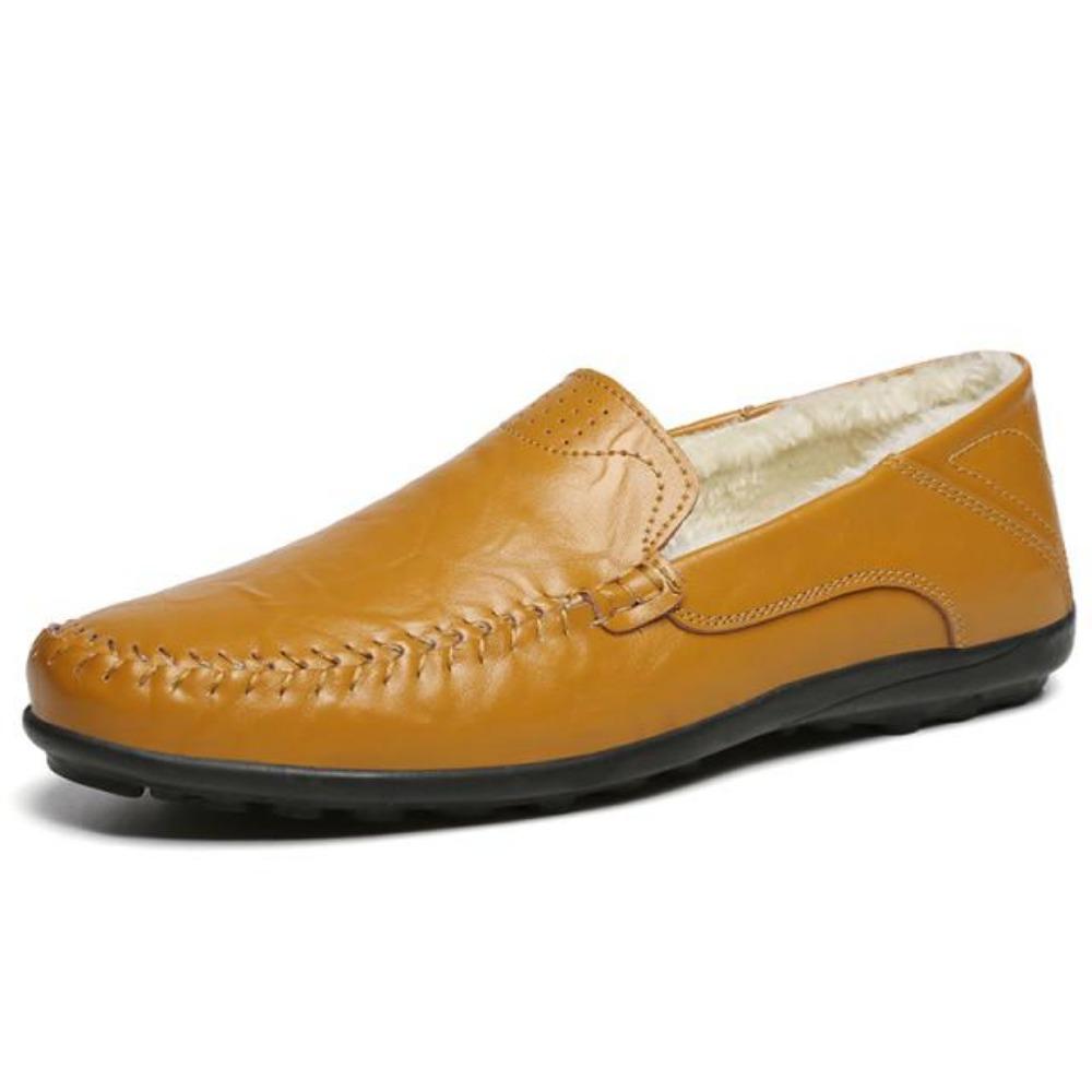 Premium Black Leather Men's Slip-On Loafers with Warm Lining - Autumn Winter Comfort for European Men | Big Sizes 44-47