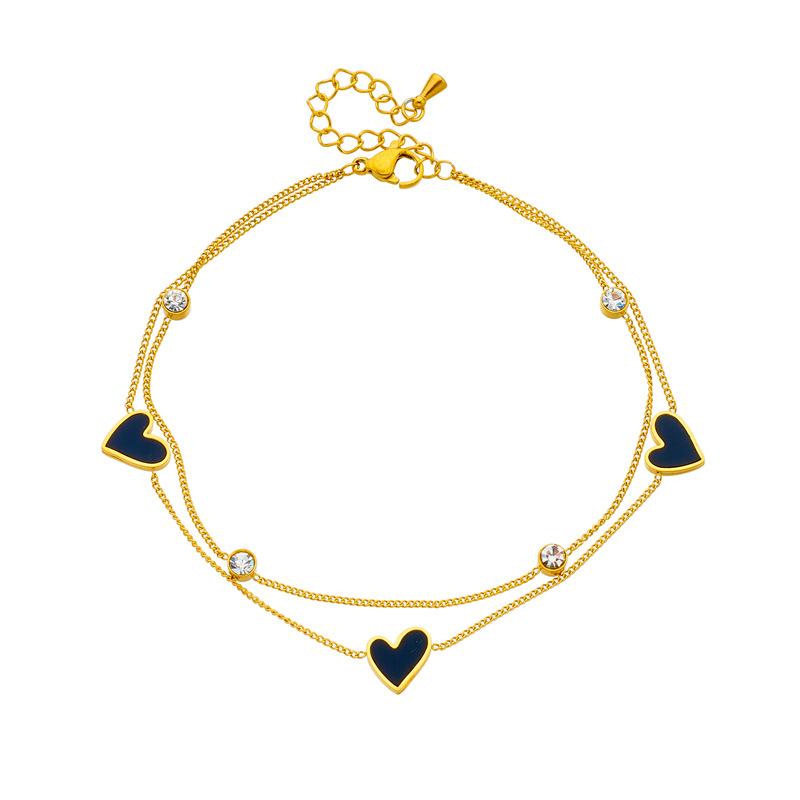18K Gold Plated Layered Black Enamel Heart CZ Anklet, Dainty Double Chain Foot Bracelet for Women, Trendy Jewelry