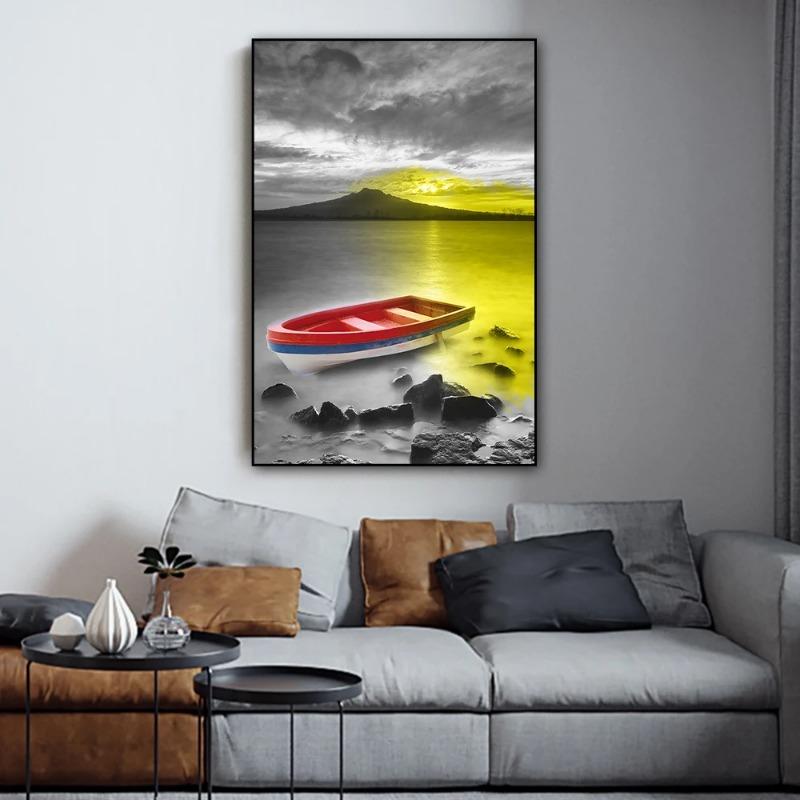 Oro Nordico Lago di Montagna Barca Poster Arte da Parete Stampa su Tela Pittura Paesaggio Naturale Scandinavo Arredamento Moderno per la Casa