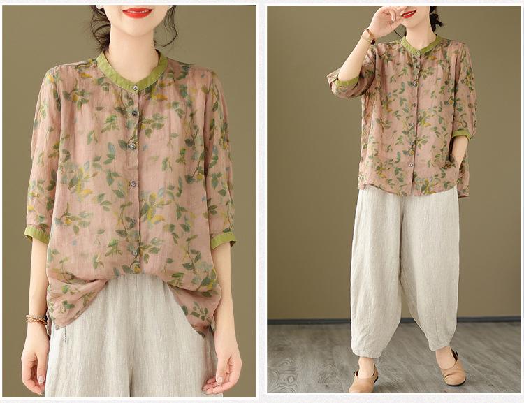 2026 Korean-Style Plus Size Slimming Retro Print Cotton-Linen Two-Piece Summer Set for Women