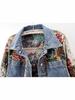 Giacca di Jeans da Donna a Patchwork Stampato Retro - Manica Lunga, Taglia Piccola Corta