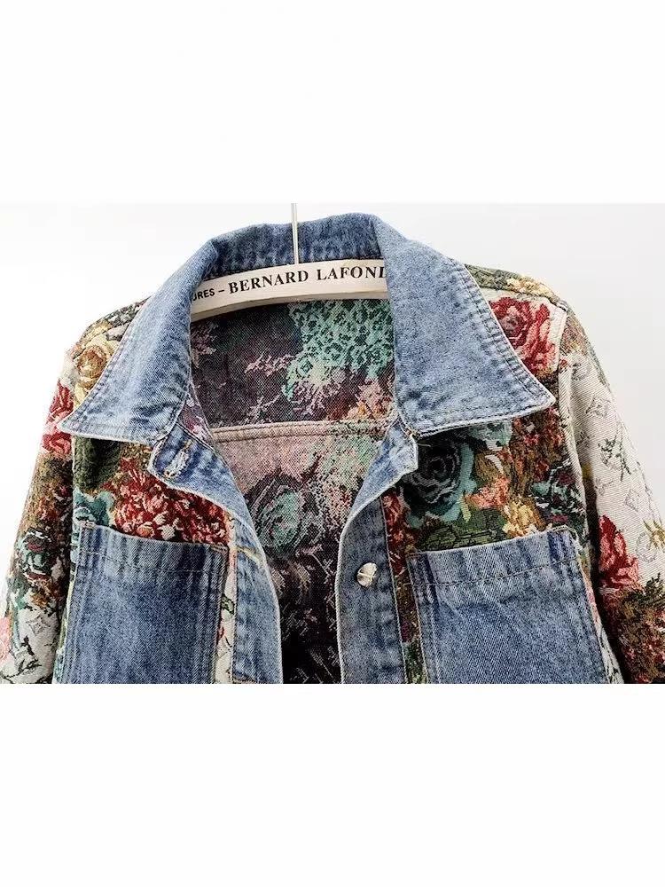 Giacca di Jeans da Donna a Patchwork Stampato Retro - Manica Lunga, Taglia Piccola Corta
