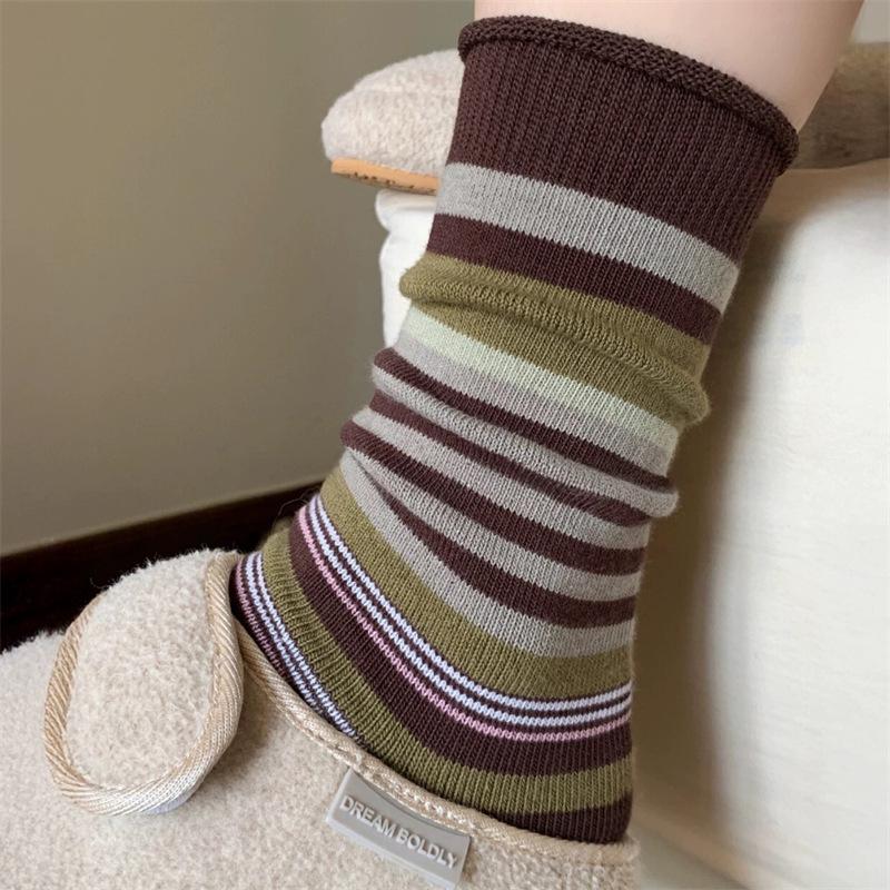 Maillard Women's Retro Korean Style Color Block Striped Mid-Calf Socks - Breathable Mori Girl Autumn/Winter Slouch Design