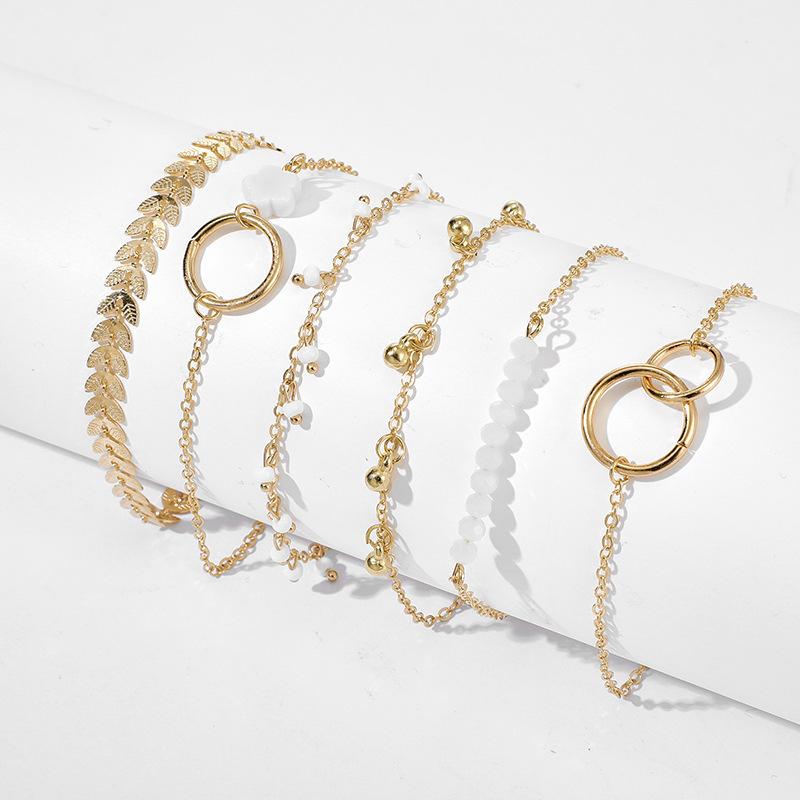 6 PCS Different Style Bracelet Leaf Gold/White Bead Charm Gold/Copper Color Chain Bracelet Women's Elegant Stackable Jewelry