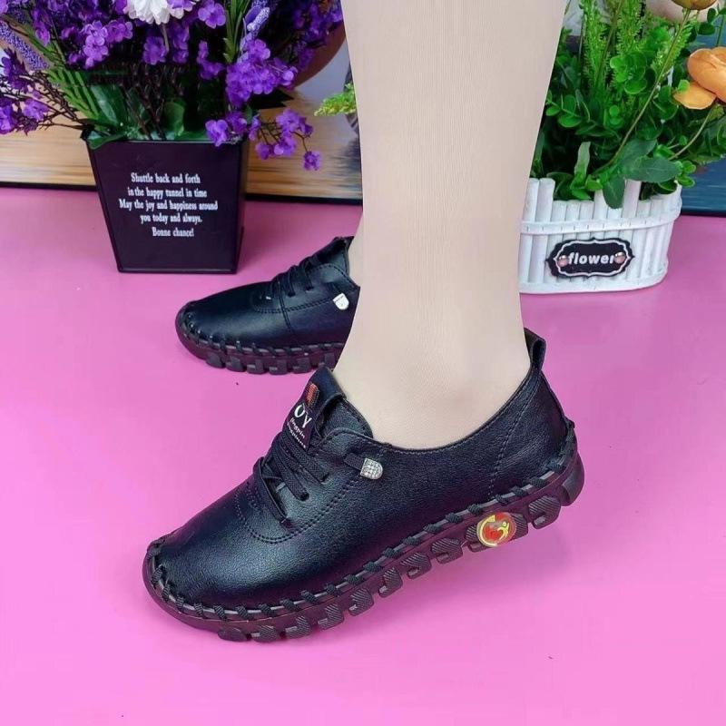 Real Soft Leather Single Shoes Comfortable Flat-soled Lace-up Mother Shoes Wide Fat Feet Cow Tendon Sole Soft Sole Soft Surface Middle-aged Large Size