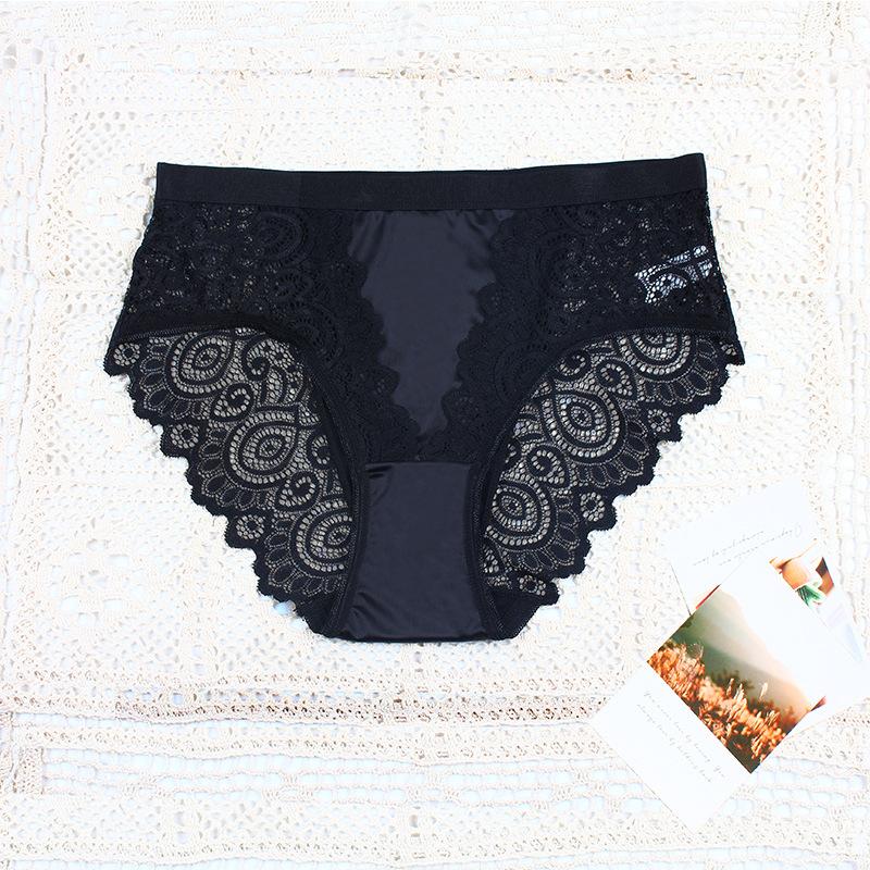 Fashionable Slip Material Mid Waist Women's Underwear Splicing Sexy Lace All Cotton Crotch Comfortable Soft Women's Triangle Pants