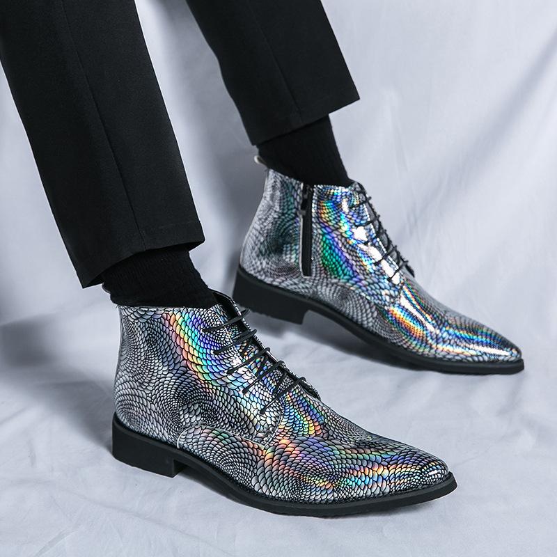 Western American Cowboy Boots New High-top Leather Shoes British High-top Leather Boots Autumn and Winter Green Pointed Leather Shoes