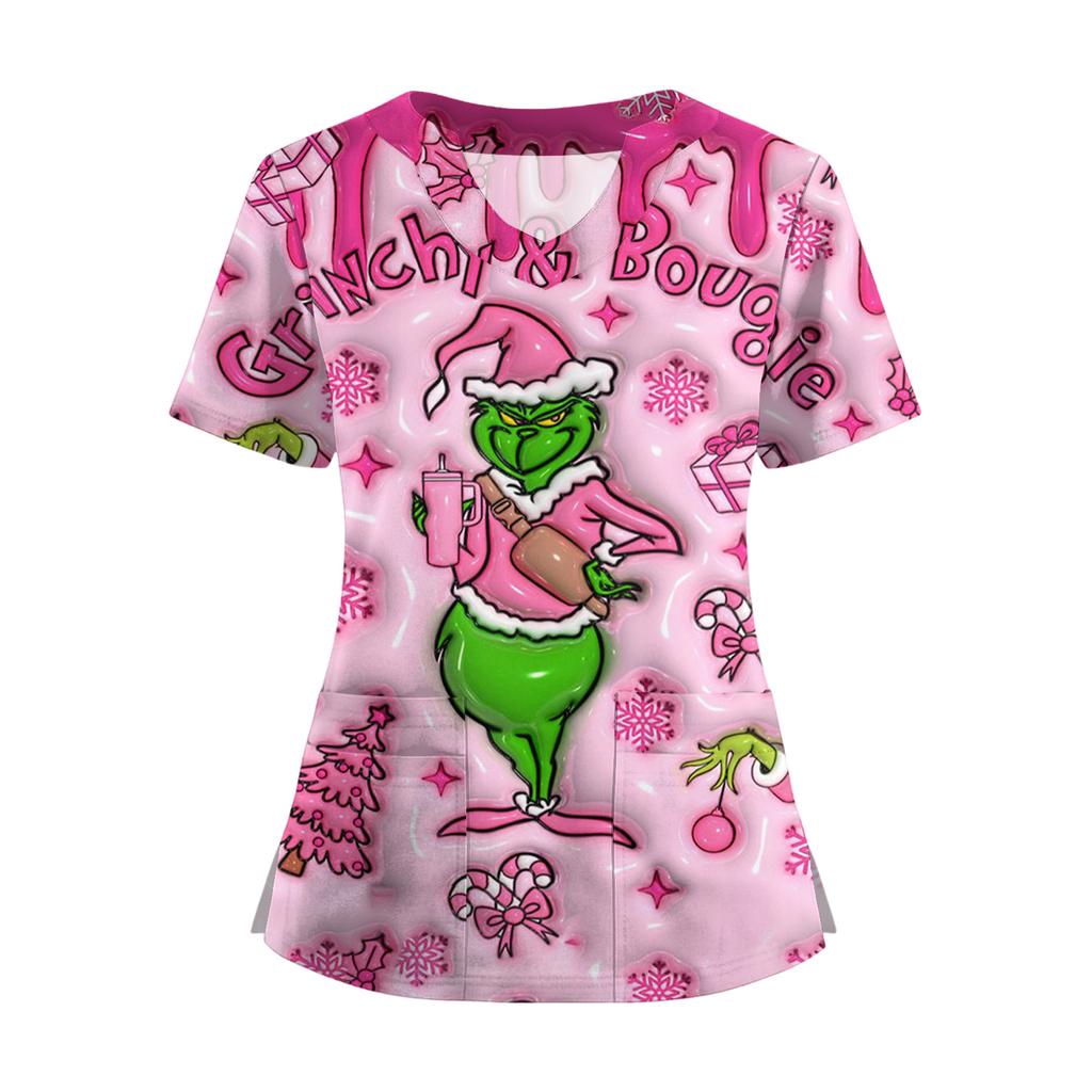 Women's Short Sleeved Christmas Printed V-neck Buttonable Side Slit Top T-shirt