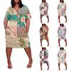 Summer Plus Size V Neck Short Sleeve Knee Pocket Print Casual Dress For Women