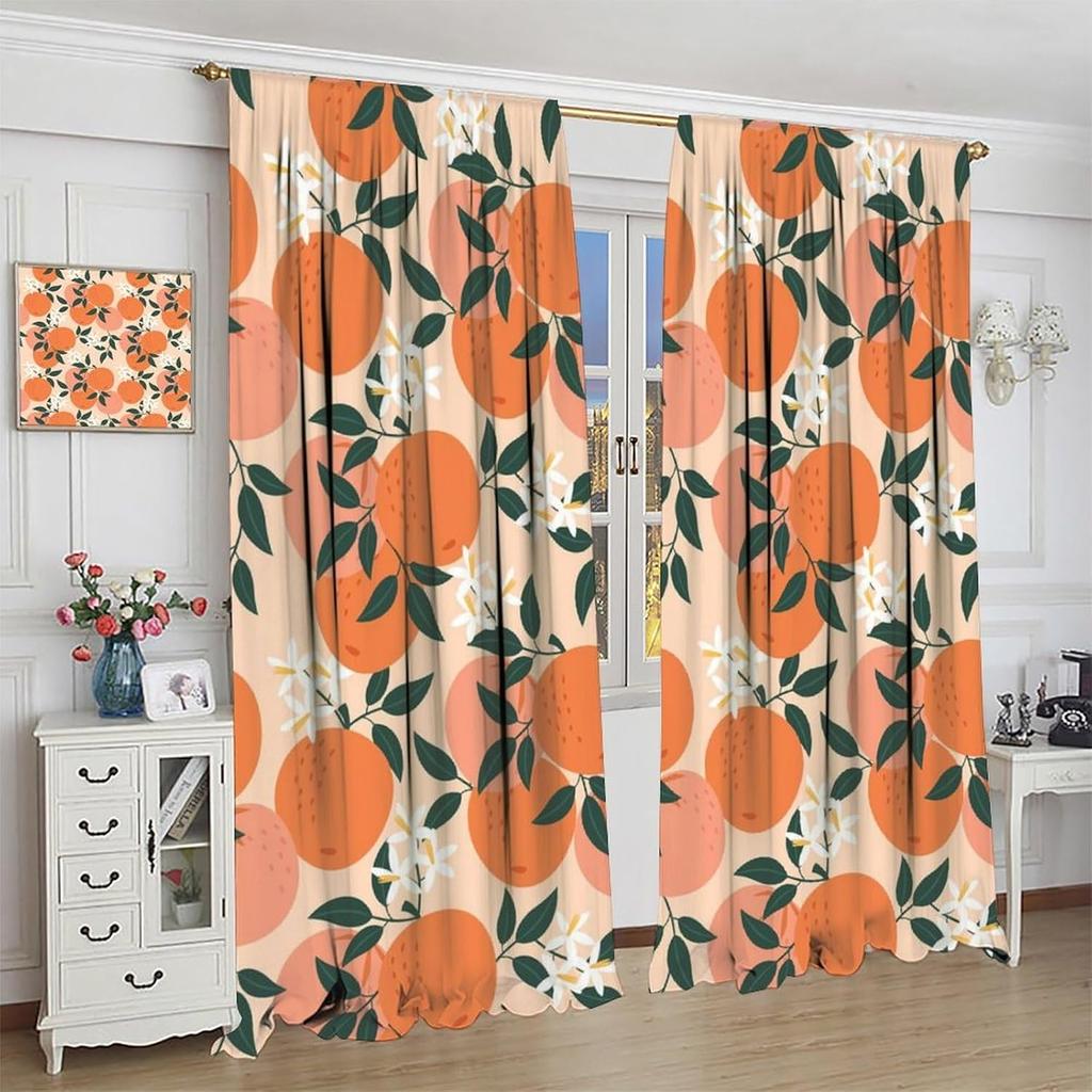 Orangenfrucht-Vorhänge, Niedliche Zitrus-Grünblätter-Blumen-Sommermuster-Vorhänge Fenster 2-teilig Stangentasche Vorhang für Schlafzimmer Wohnzimmer