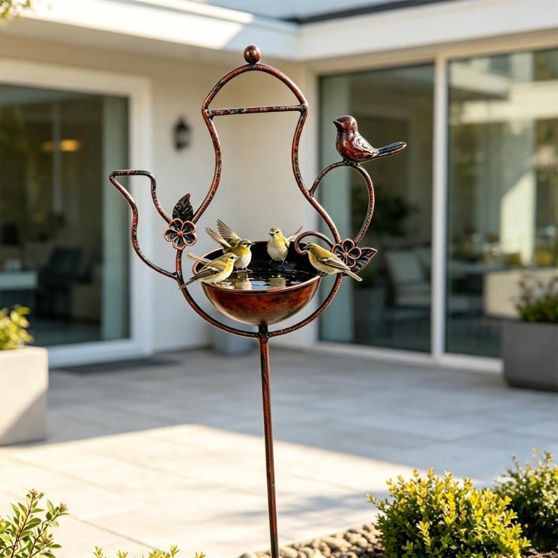 Iron Garden Stake Bird Feeder Piece with Watering Can Shape, Outdoor Lawn Display for Flower Spots and Yard Space, Approx. 8.3 x 42.5 In