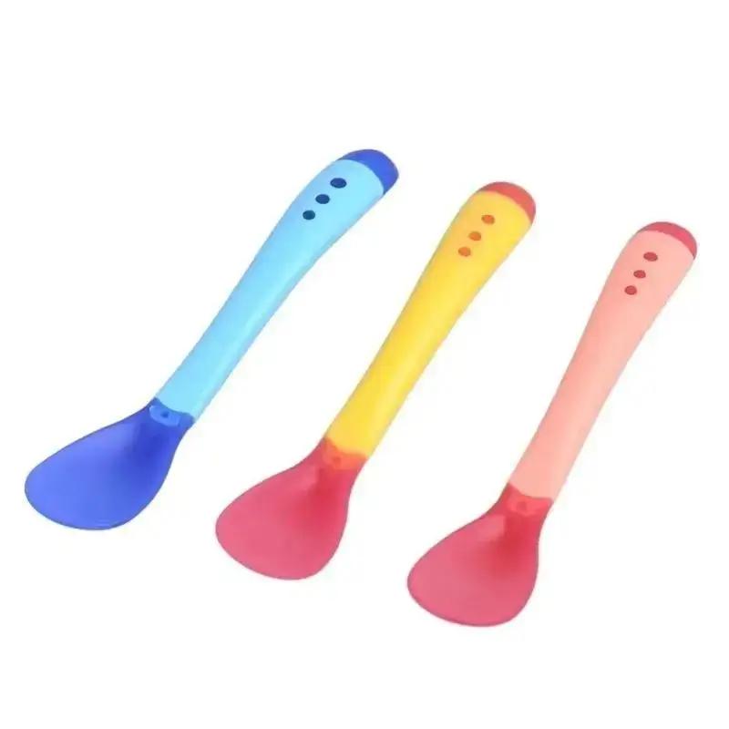 3 Pcs Safety Temperature Sensing Baby Silicon Spoon Kids Children Flatware Feeding Spoon Home Kitcen Soup Spoon Randomly Color