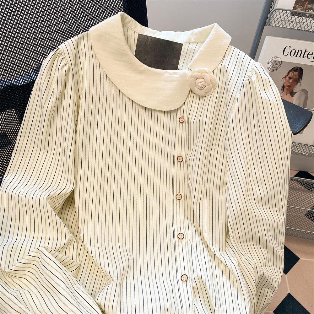 Spring Autumn French Striped Long Sleeve Shirt with Floral Pattern for Women