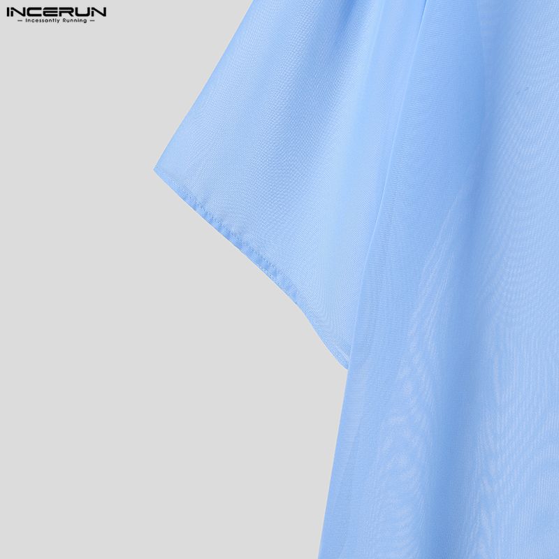 INCERUN Oversized Summer Men 3/4 Sleeve See Through Mesh Sheer Long Shirts Tops