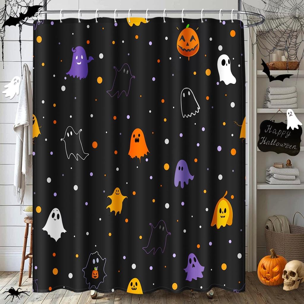 Halloween Bathroom Sets With Shower Curtain And Rugs Accessories, Funny Ghosts Shower Curtain Sets, Trick Or Treat Shower
